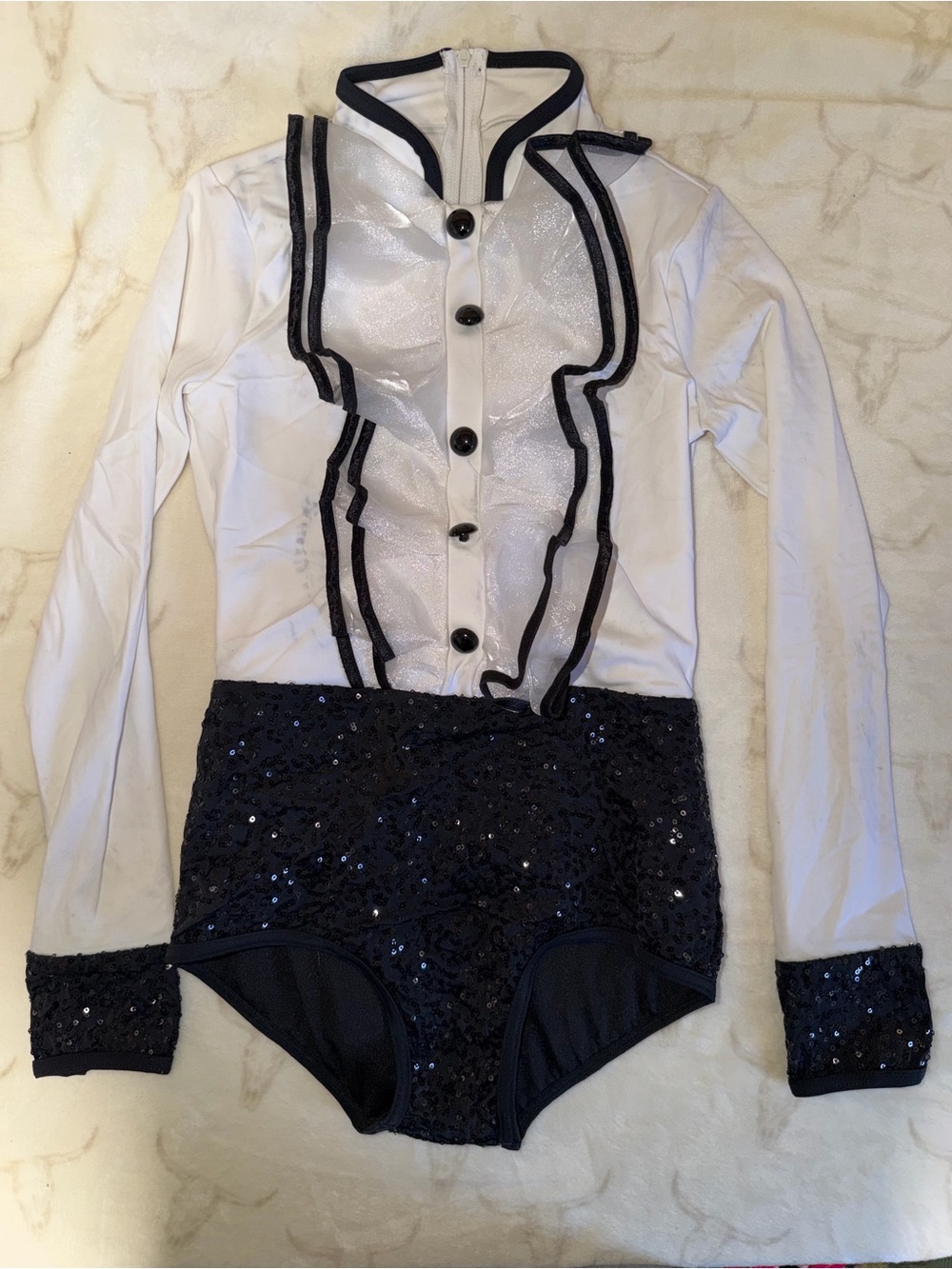 Weissman LC White and Black Ruffle Sequin Dance Costume